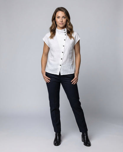 Damen Leinenbluse Asymmetrisch Knöpfe Weiß - Norvielle