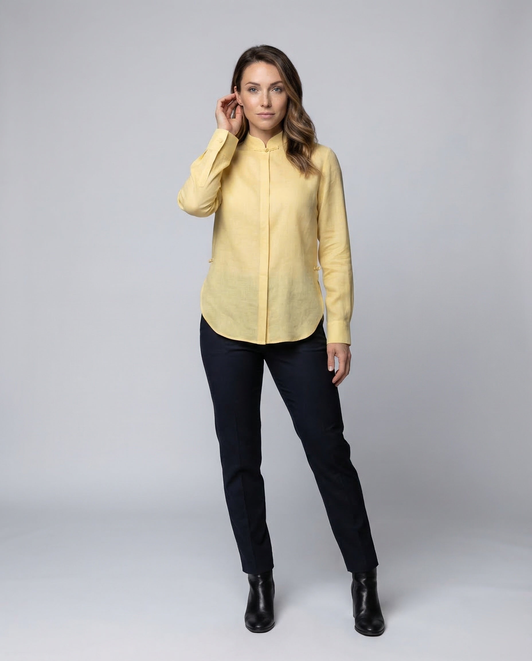 Damen Leinenmischbluse mit Knotenverschluss - Norvielle
