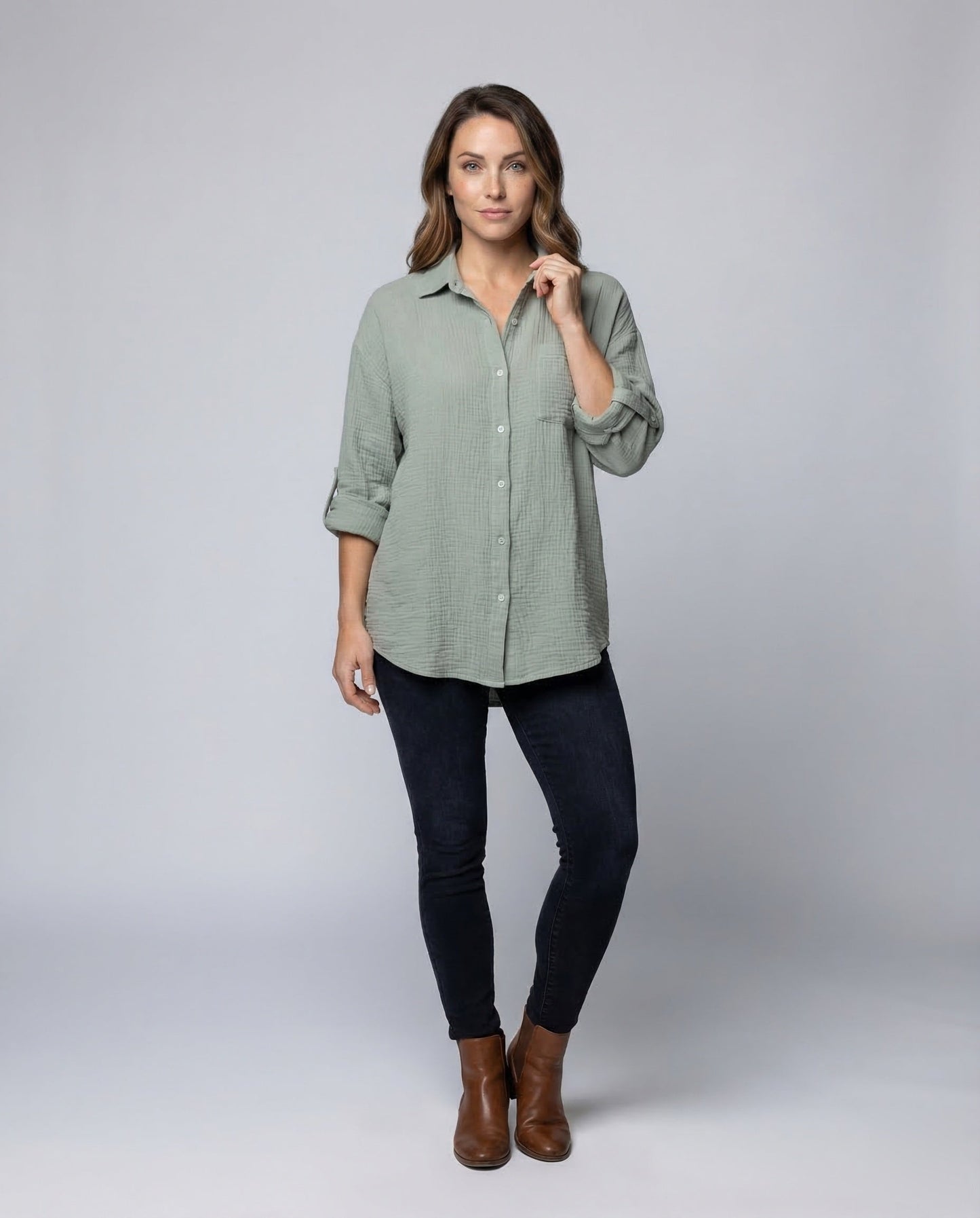 Damen Hemdbluse Musselin Krempelärmel - Norvielle