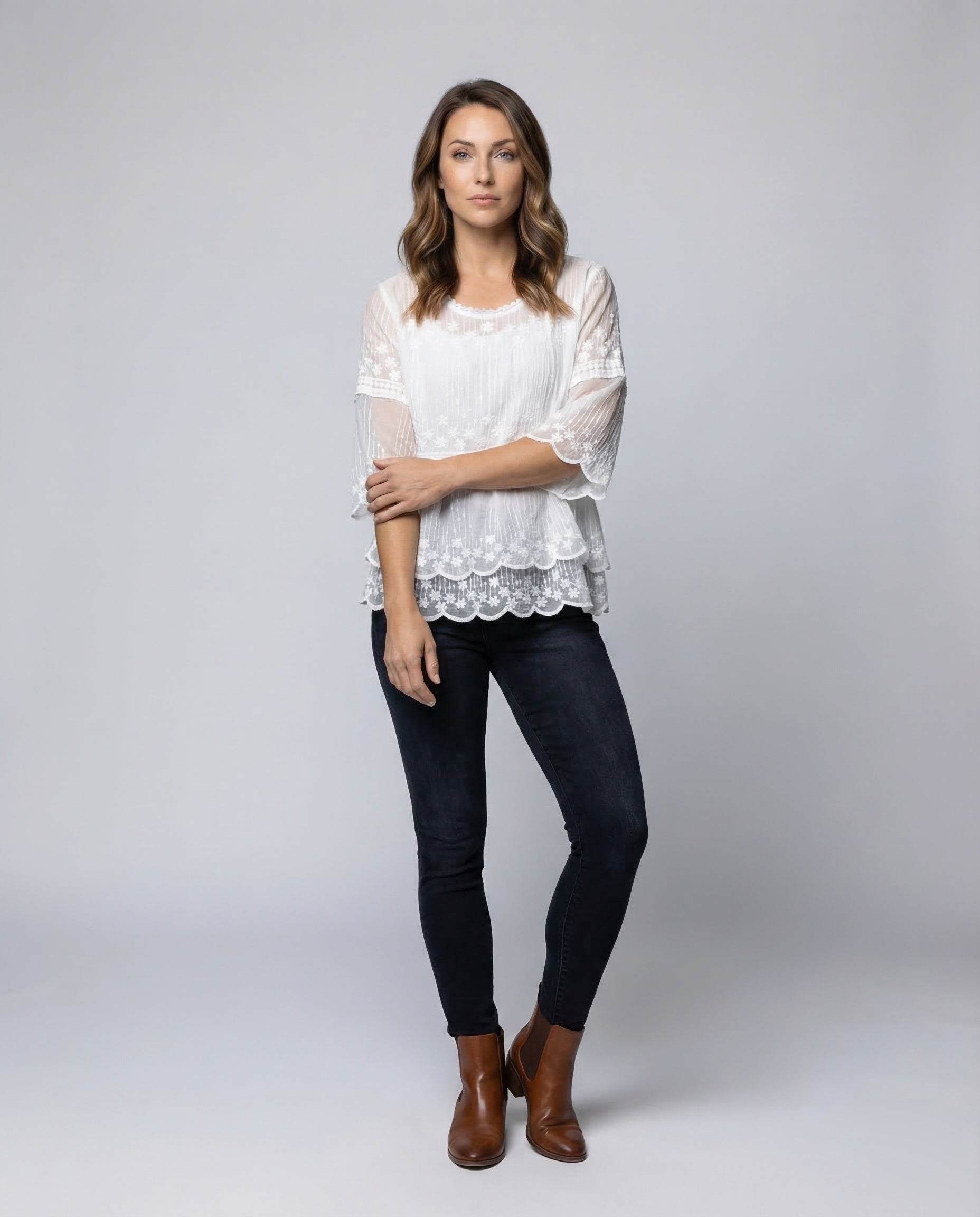 Damen Spitzenbluse Knitteroptik Stickkante Weiß - Norvielle
