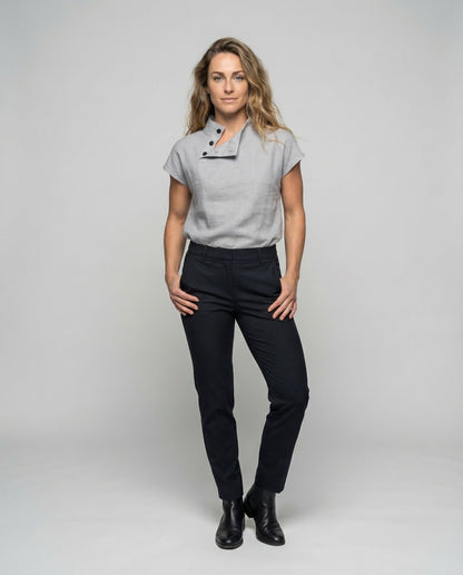 Damen Leinen Oberteil mit Zierknöpfen Beige - Norvielle