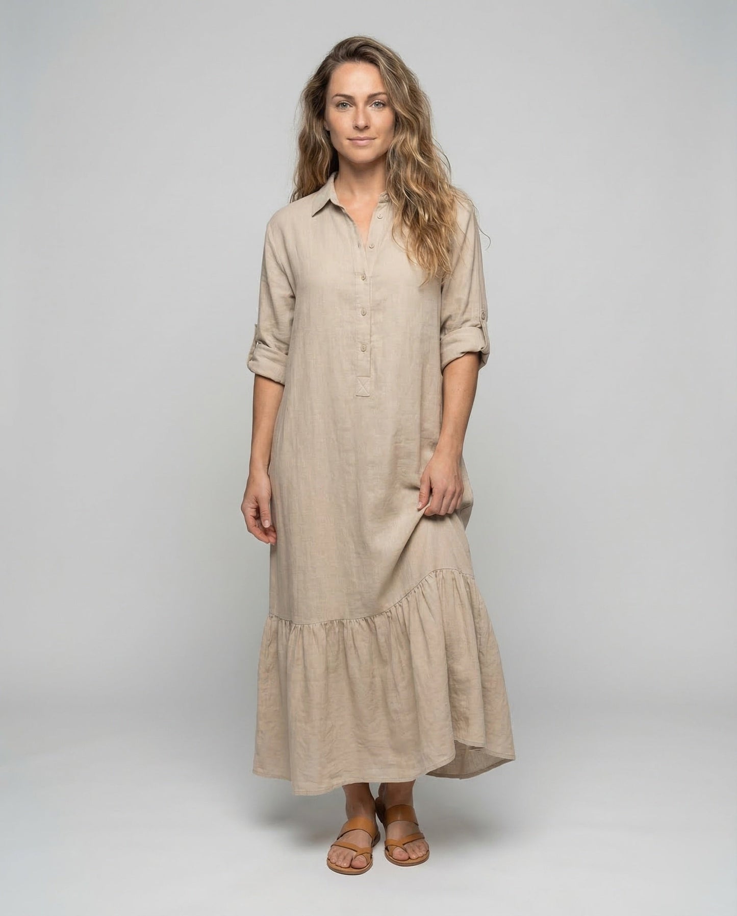 Damen Maxikleid Leinenoptik Volantsaum - Norvielle