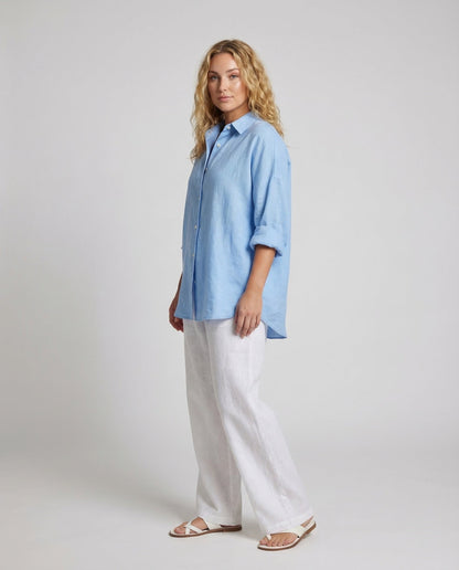 Damen Leinenbluse Oversize Ballonärmel - Norvielle