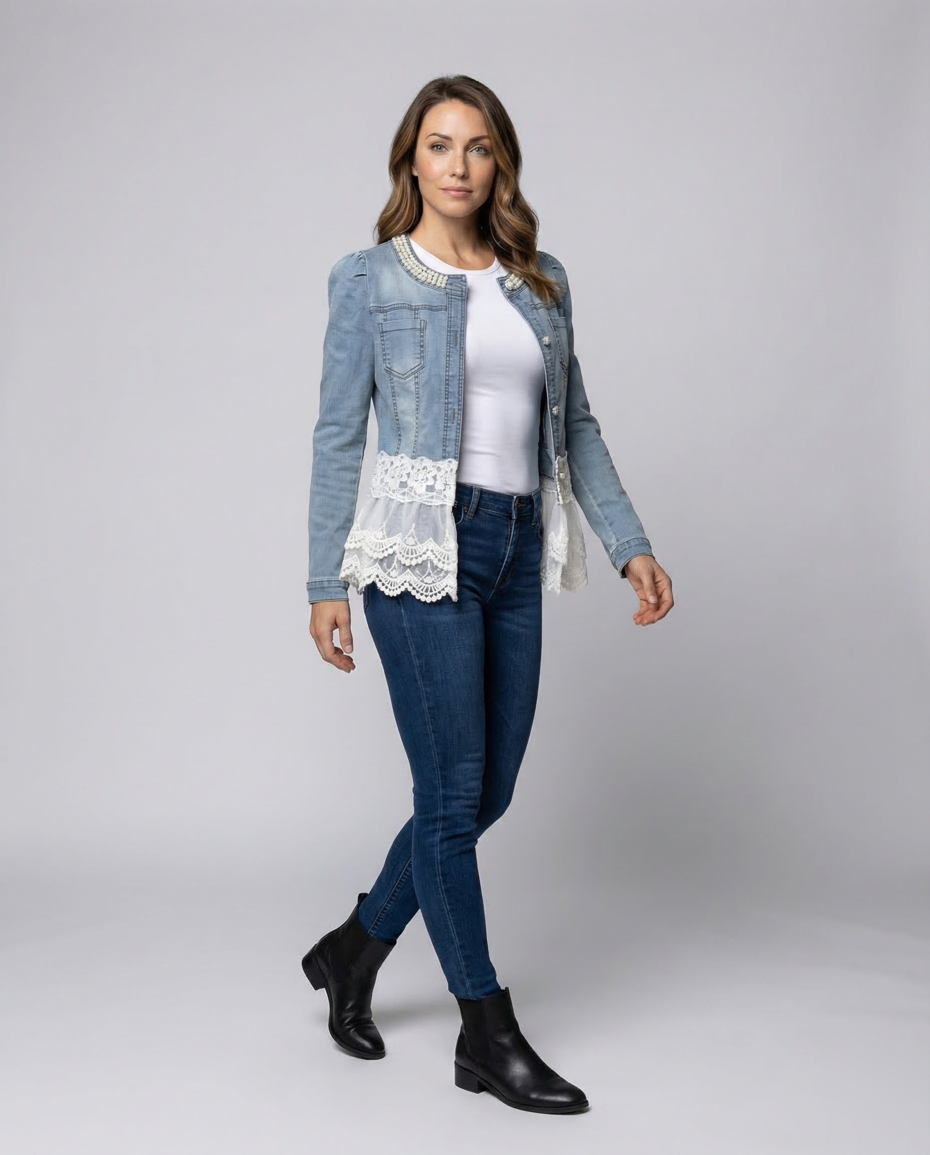 Damen Denimjacke Spitze Romantisch Blau - Norvielle