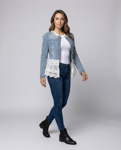 Damen Denimjacke Spitze Romantisch Blau - Norvielle
