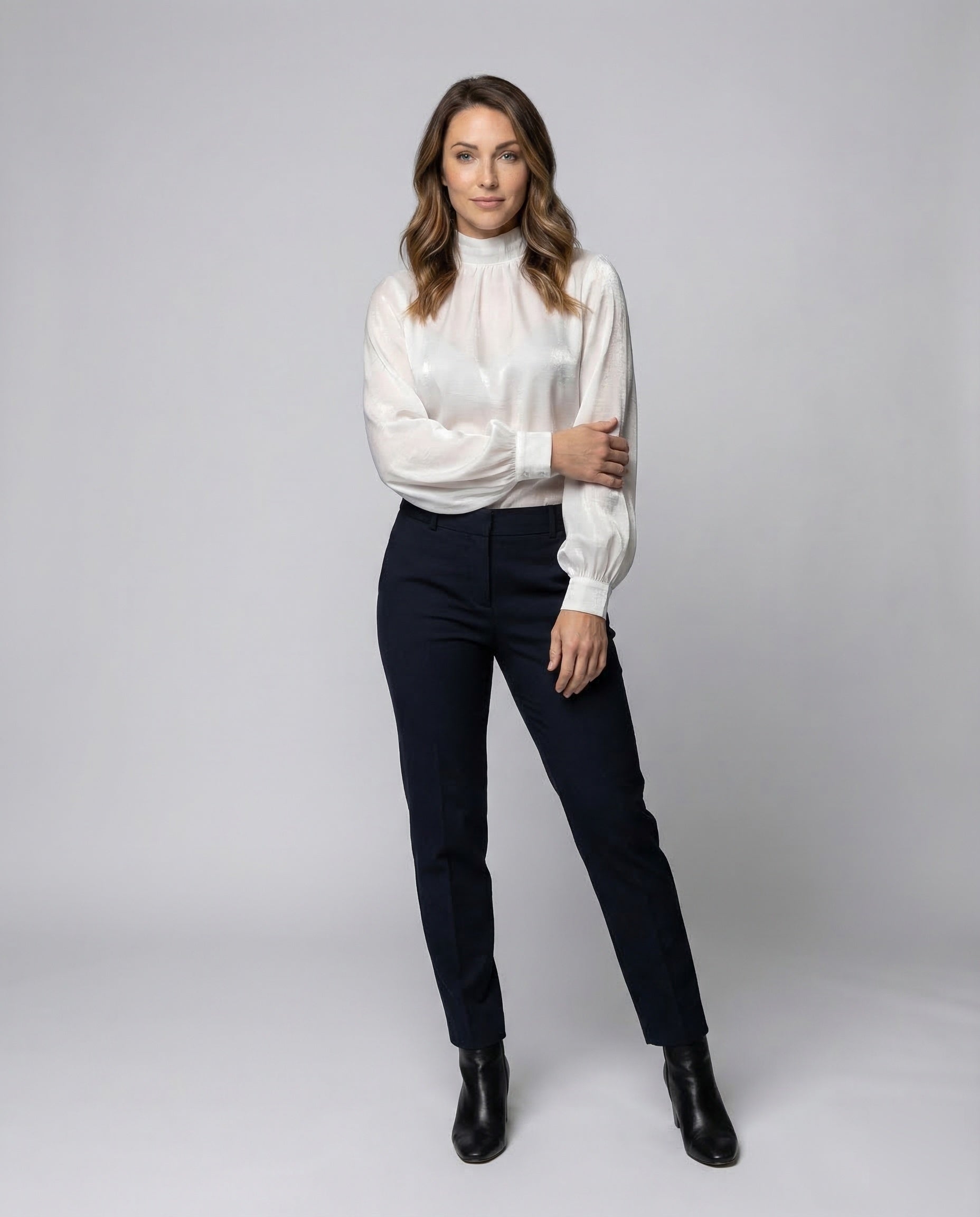 Damen Bluse Seide Geraffter Stehkragen - Norvielle
