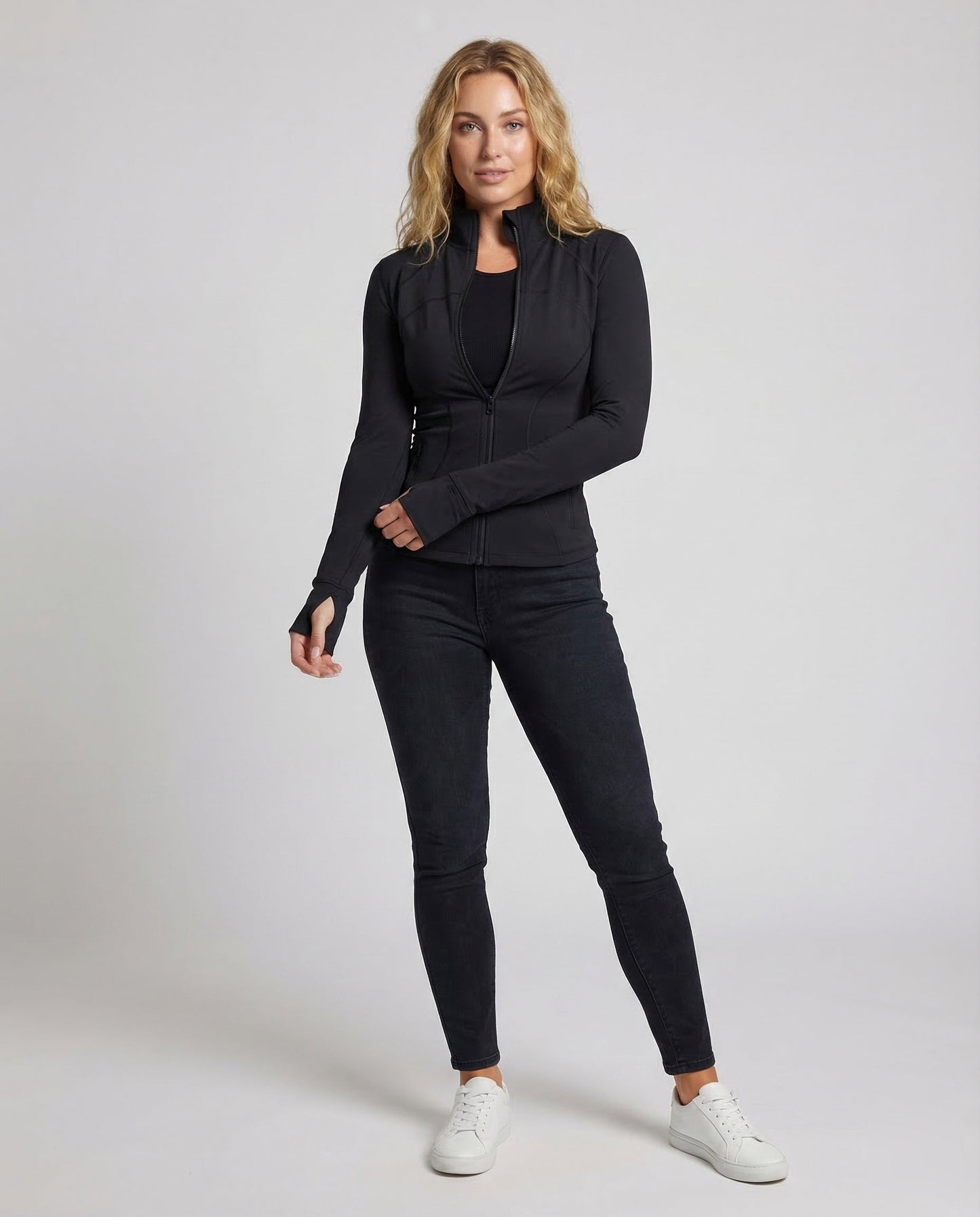 Damen Sportjacke Taillierte Form Daumenlöcher Schwarz - Norvielle