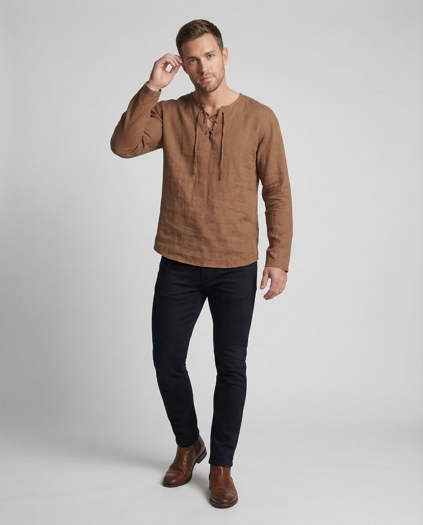 Herren Leinenhemd Oversize mit Schnürung - Norvielle
