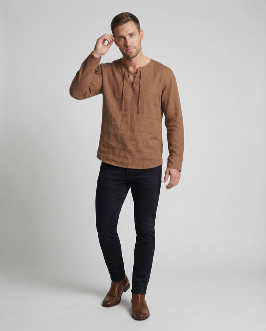 Herren Leinenhemd Oversize mit Schnürung - Norvielle
