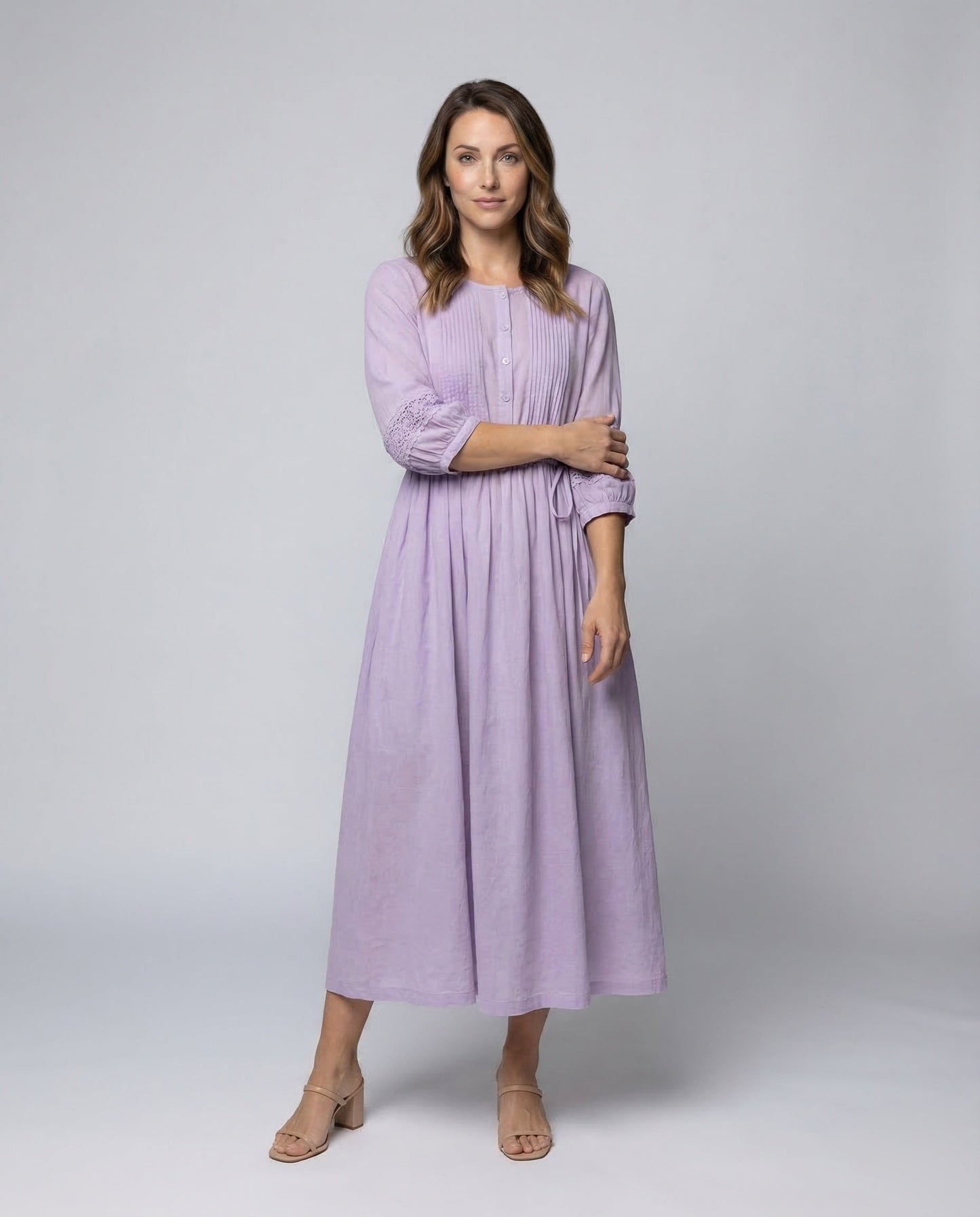 Damen Maxikleid Leinen Biesen Spitze Beige - Norvielle