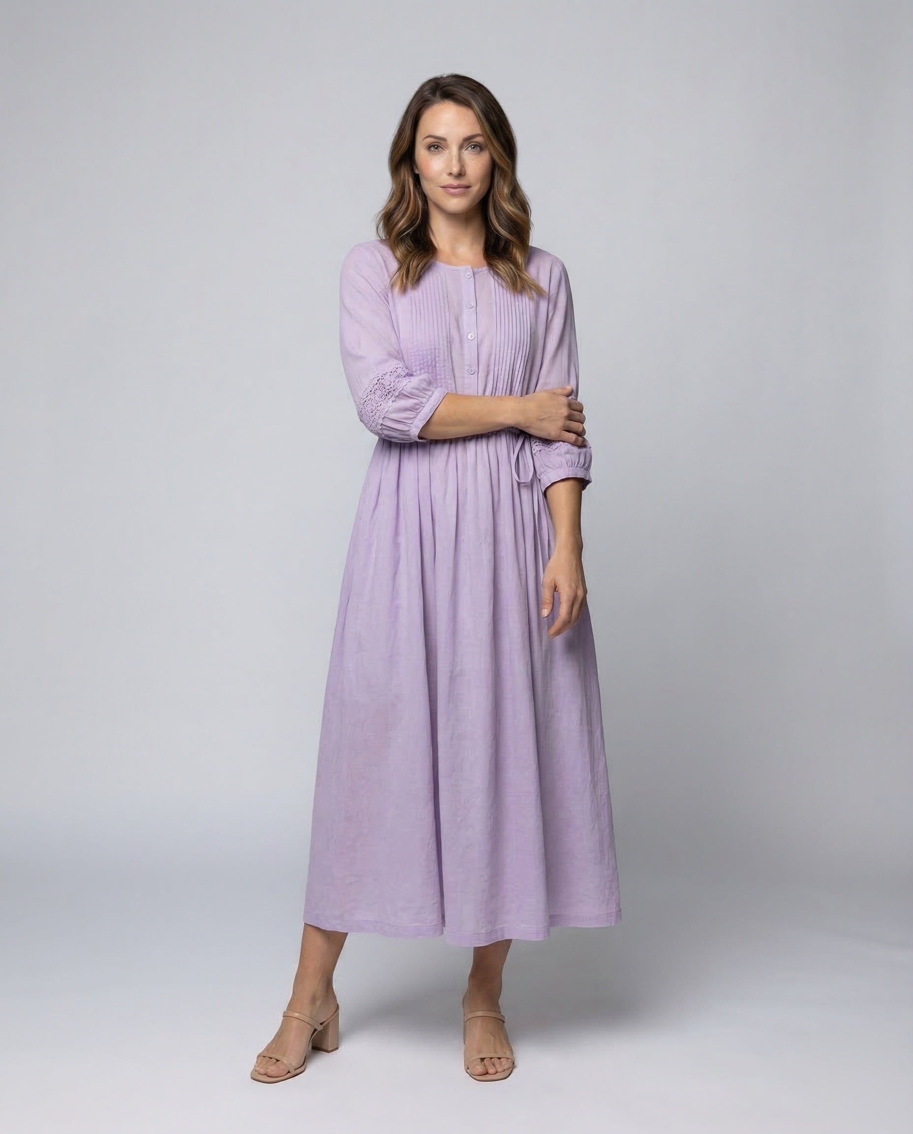 Damen Maxikleid Leinen Biesen Spitze Beige - Norvielle