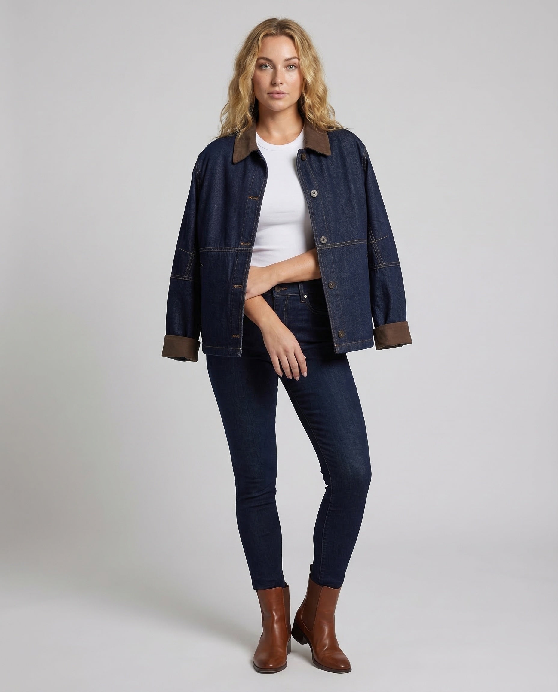 Damen Oversized Jeansjacke Velourskragen - Norvielle