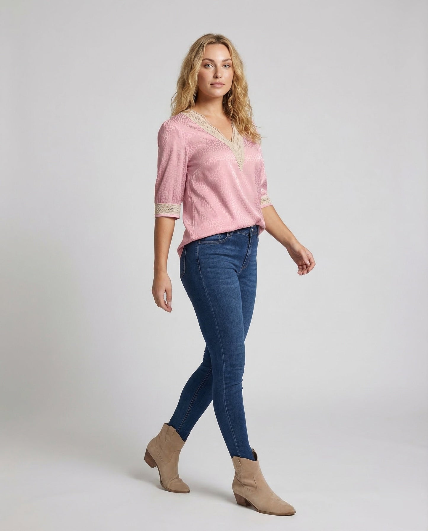 Damen Satin Bluse V-Ausschnitt mit Spitze - Norvielle