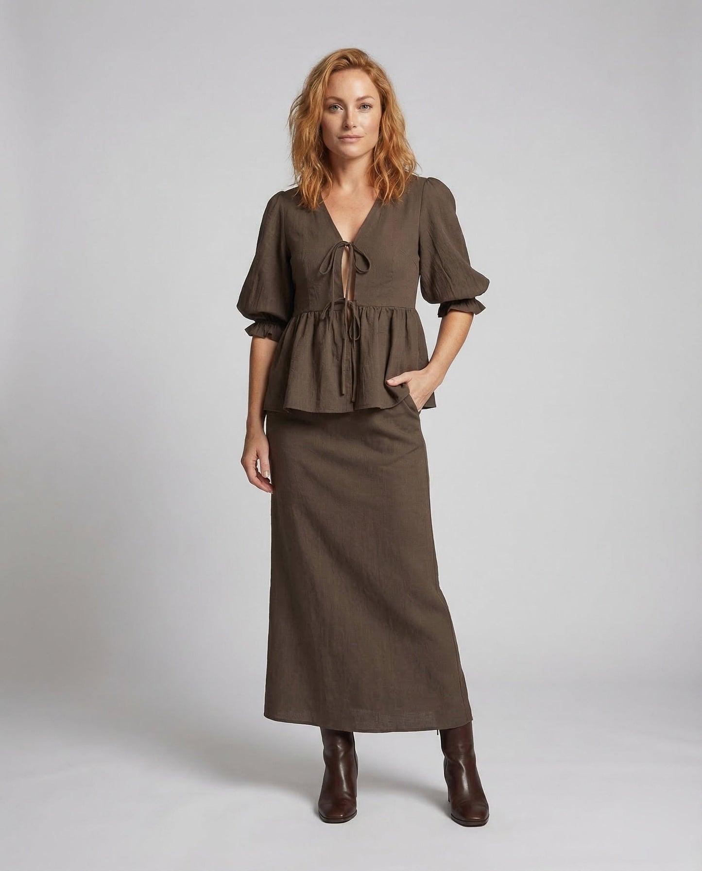 Damen Bluse-Set mit Peplum und Maxirock Tailliert - Norvielle