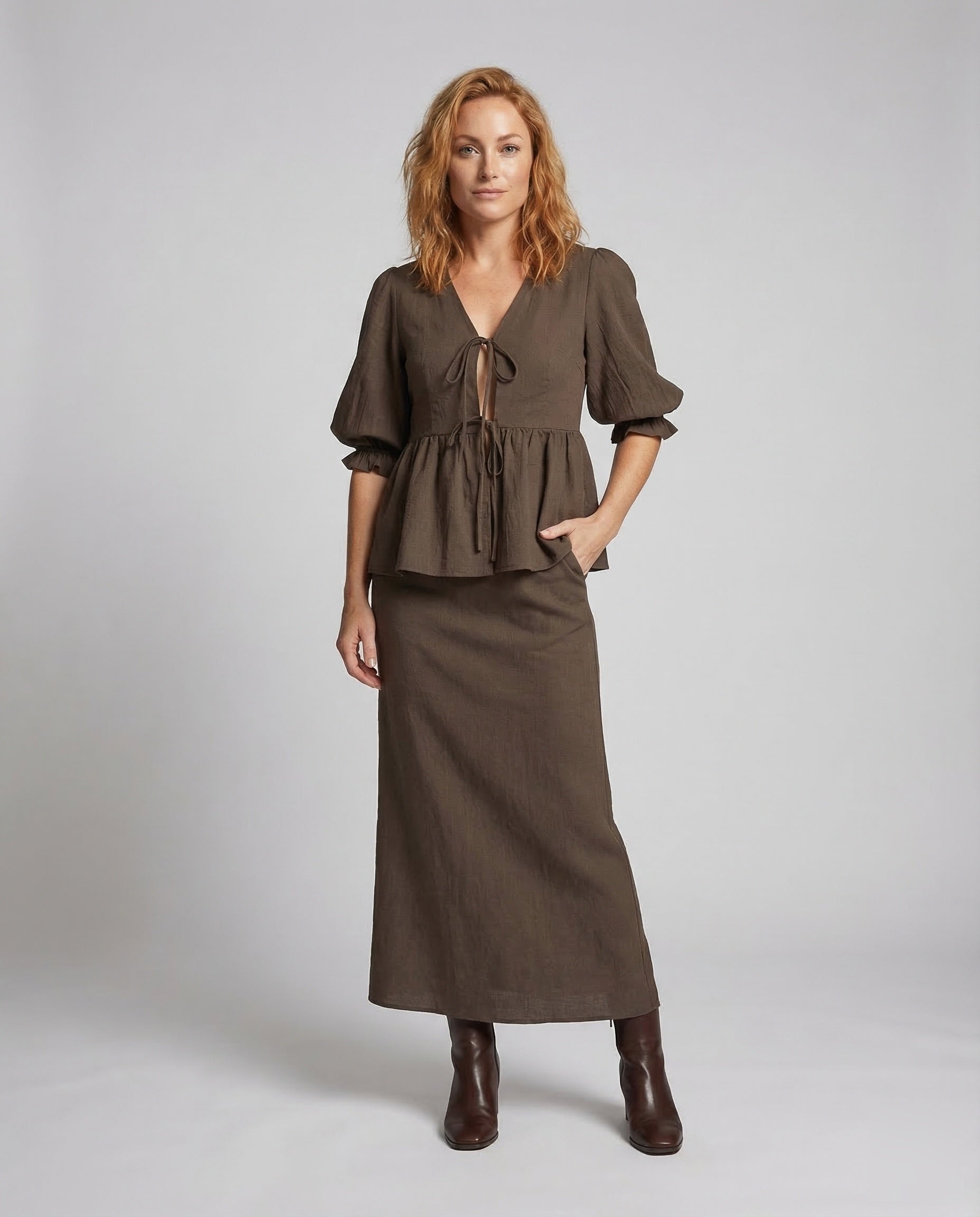 Damen Bluse-Set mit Peplum und Maxirock Tailliert - Norvielle