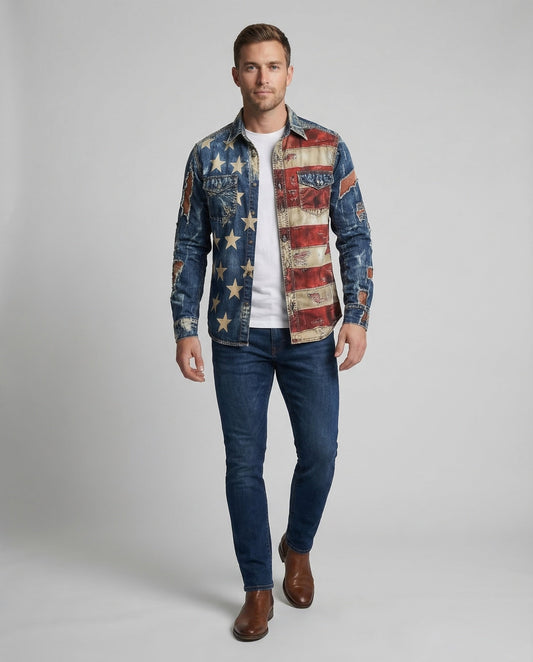 Herren Slim-Fit Jeanshemd Flaggenmotiv - Norvielle