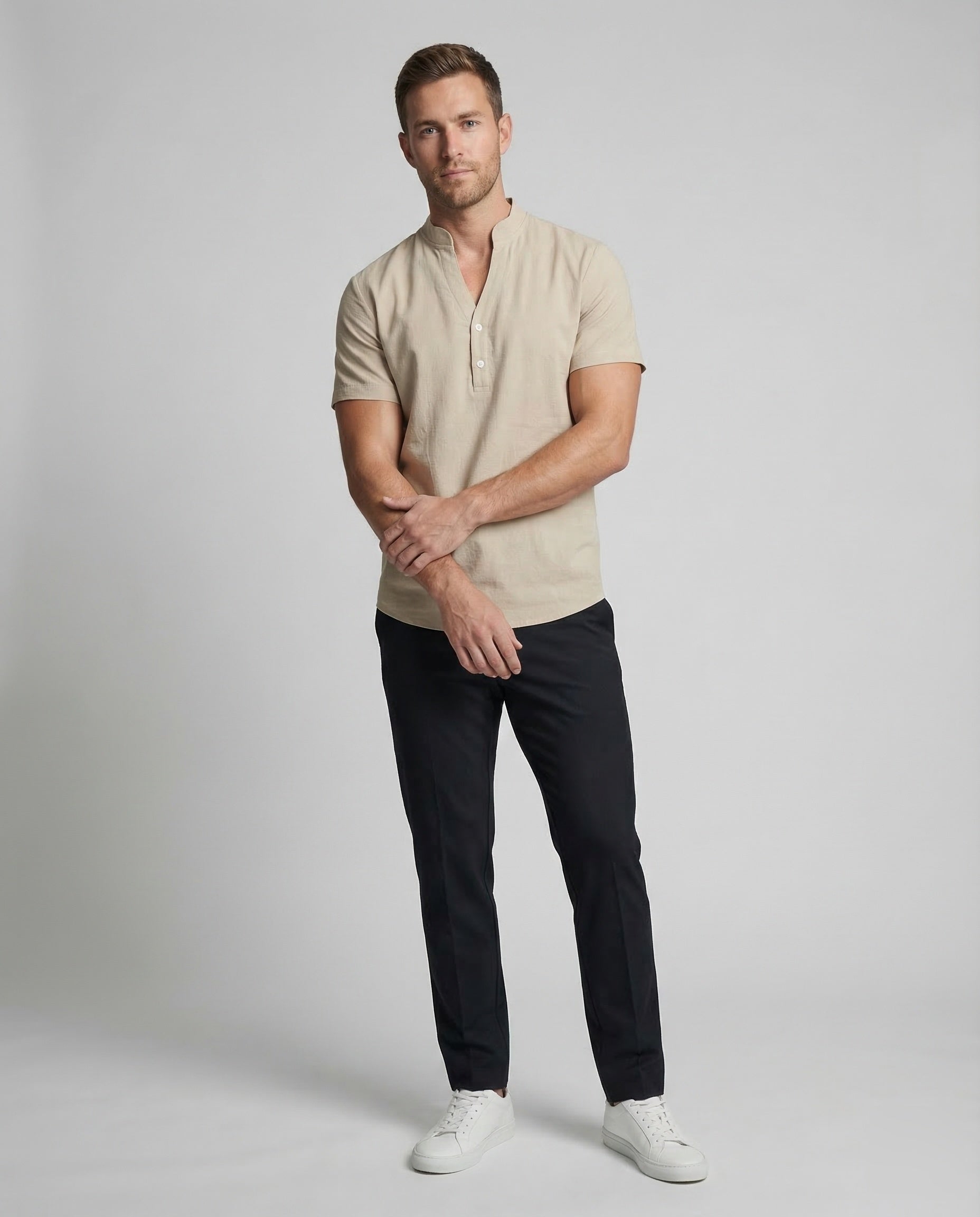 Herren Leinen-Henley Kurzarm Leinenmix - Norvielle