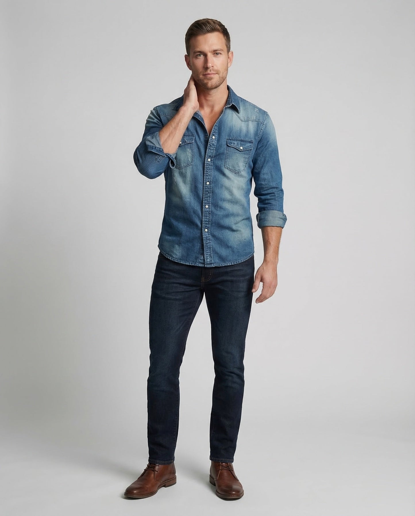 Herren Denimhemd Tailliert Druckknöpfe Blau - Norvielle