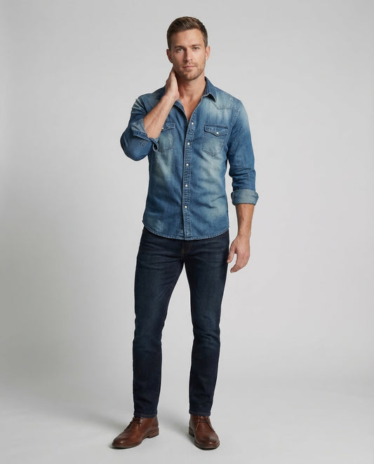 Herren Denimhemd Tailliert Druckknöpfe Blau - Norvielle