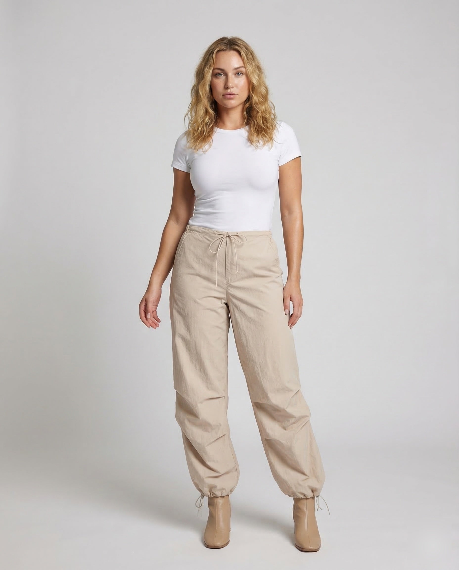 Damen Cargohose Weites Bein Tunnelzug Stoff Schwarz - Norvielle