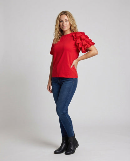Damen Volant-T-Shirt Asymmetrisch Stufenrüsche - Norvielle