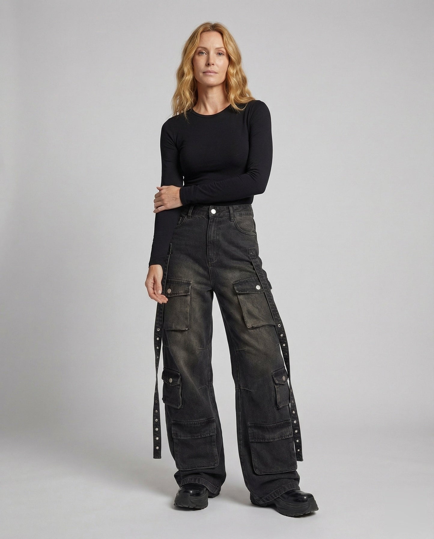 Damen Baggy Jeans Arbeitshose mit Seitengurten - Norvielle