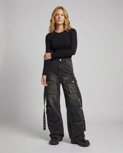 Damen Baggy Jeans Arbeitshose mit Seitengurten - Norvielle