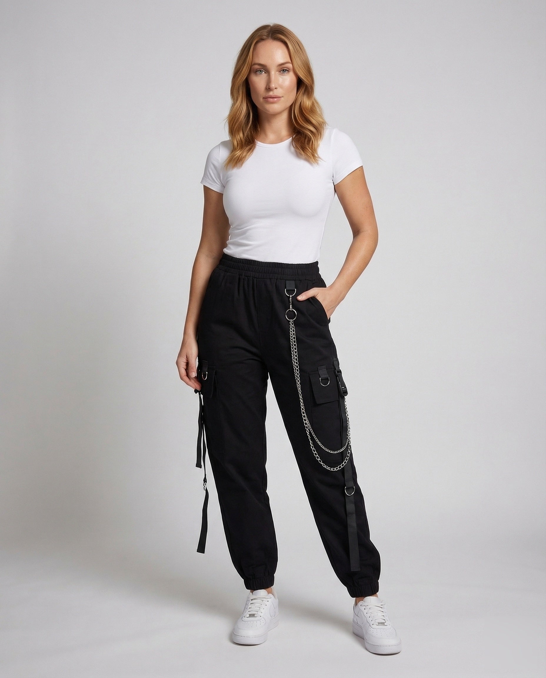 Damen Cargo-Joggerhose mit Zierbändern Baumwolle Schwarz - Norvielle
