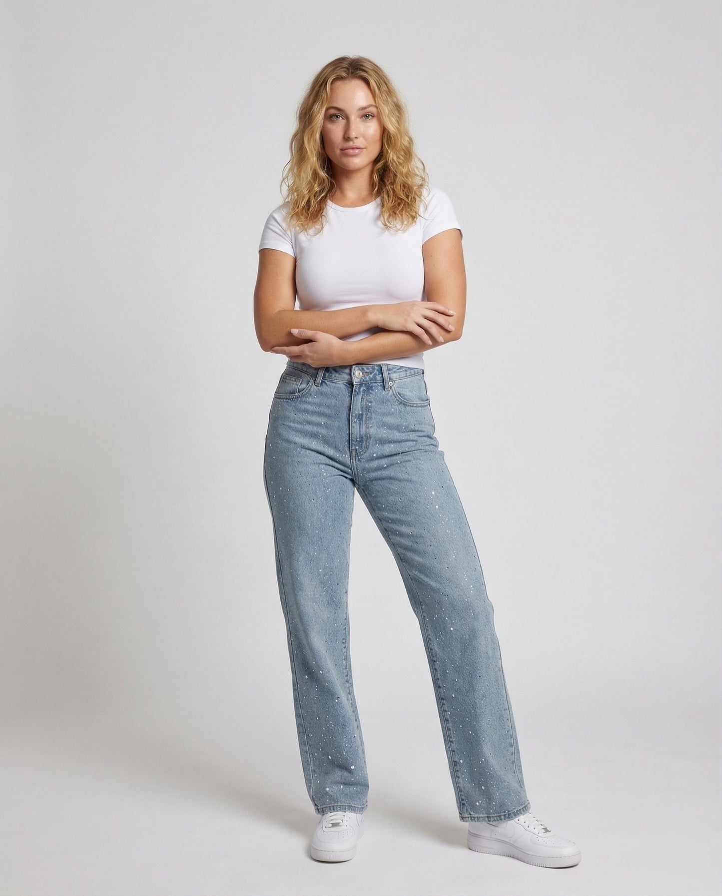 Damen Gerade Jeans Mit Strassbesatz - Norvielle