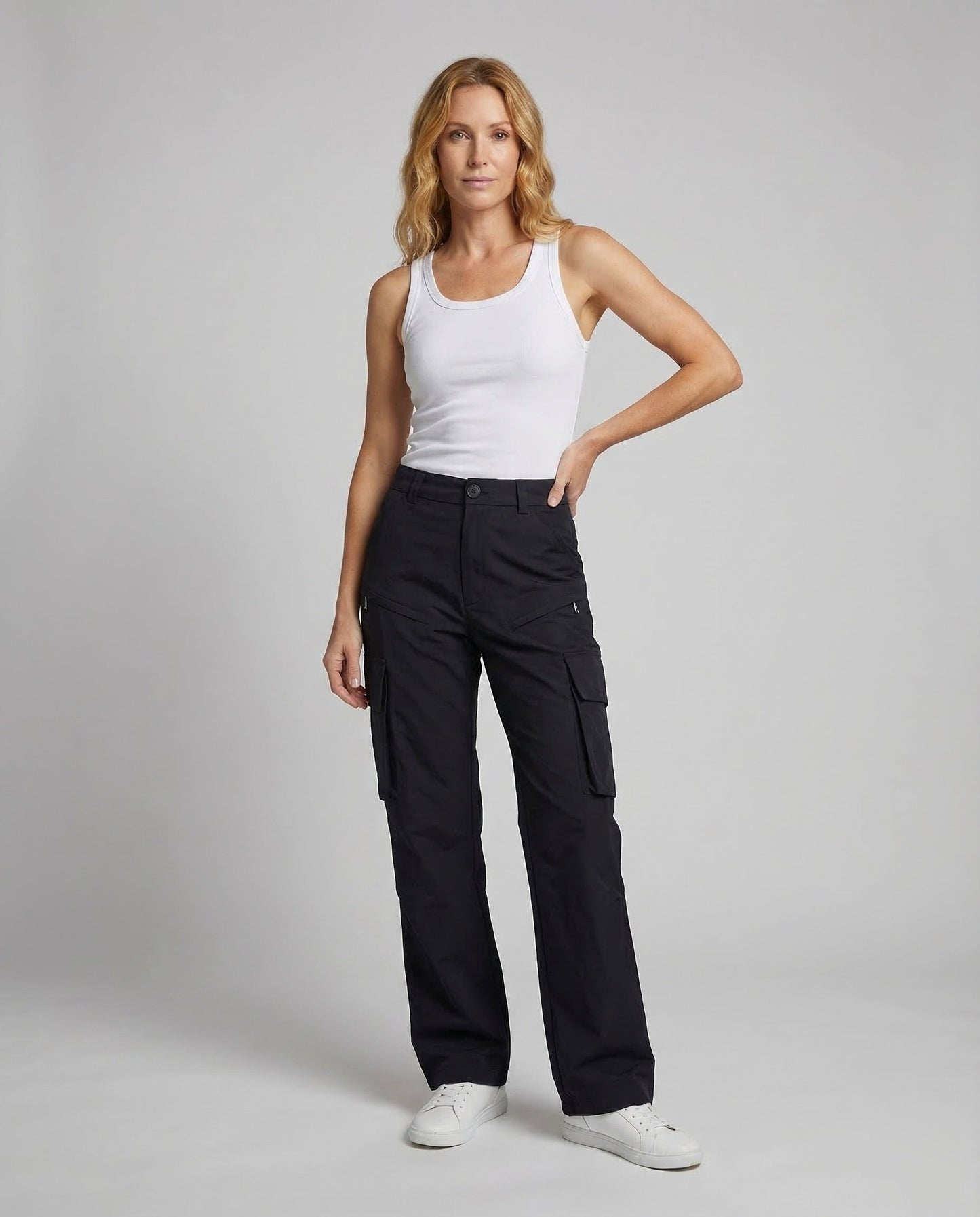 Damen Cargohose Reißverschluss Taschen Schwarz - Norvielle