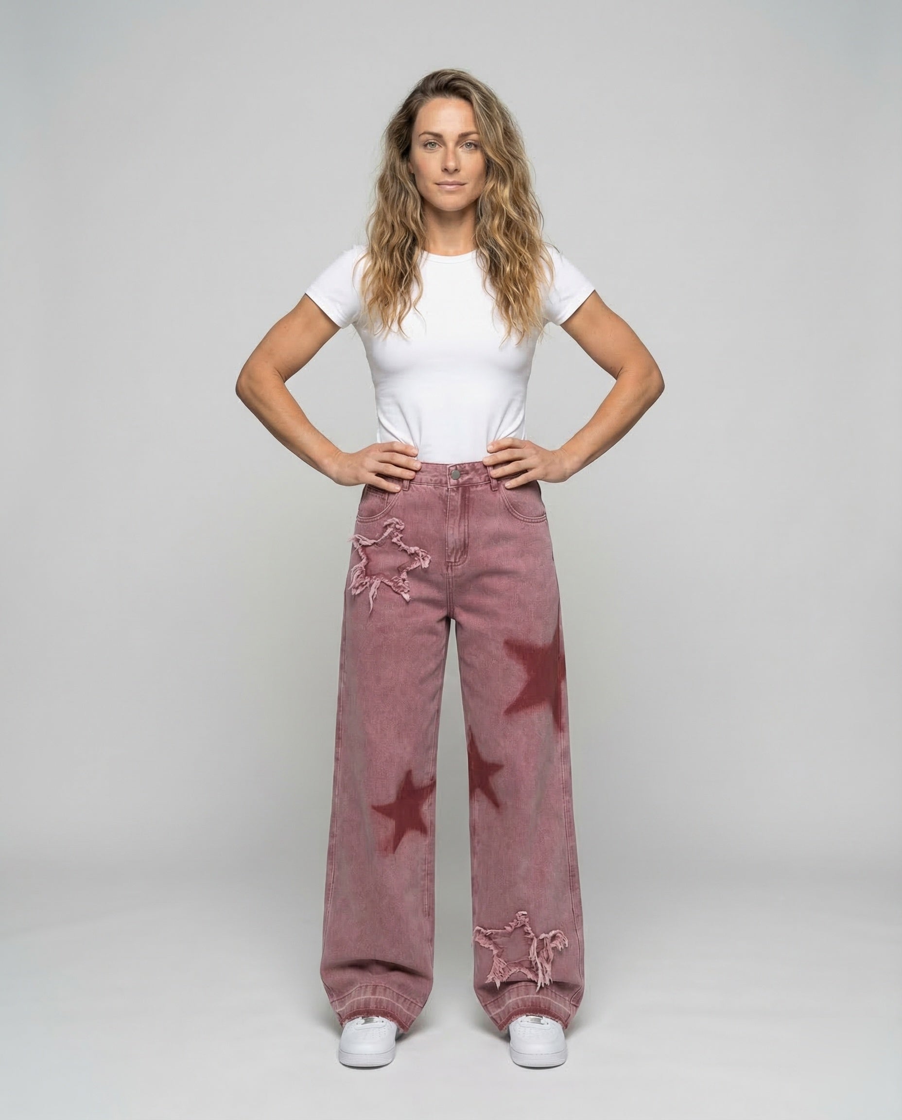 Damen Cropped Jeans Ausgefranster Saum Stern Applikation - Norvielle