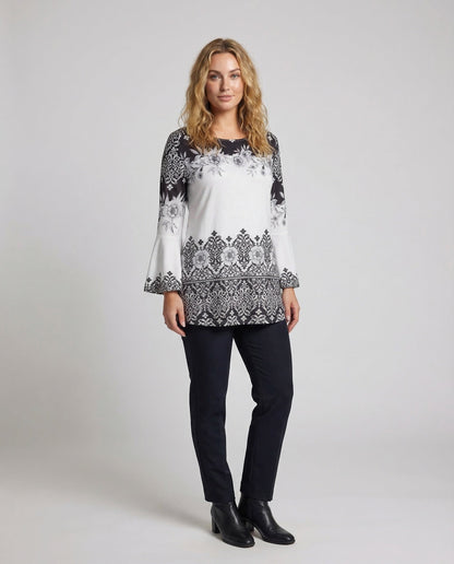 Damen Tunika mit Trompetenärmel und Blumenbordüre - Norvielle