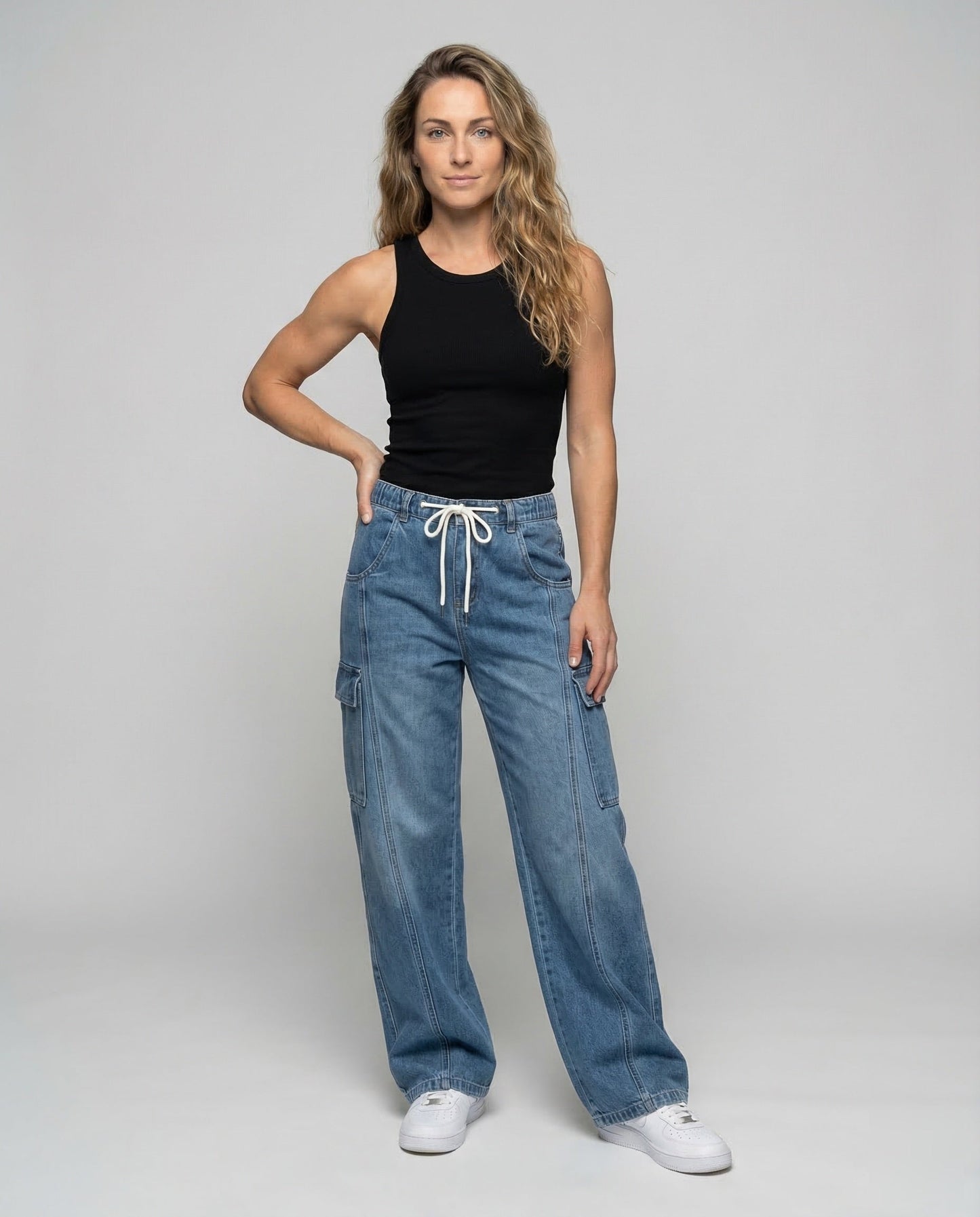 Damen Jeanshose Baggy Tunnelzugbund Cargotaschen - Norvielle