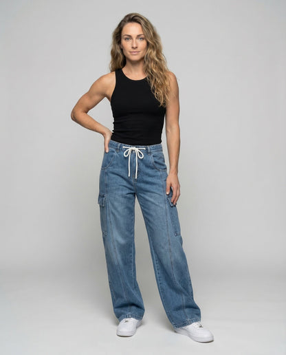 Damen Jeanshose Baggy Tunnelzugbund Cargotaschen - Norvielle
