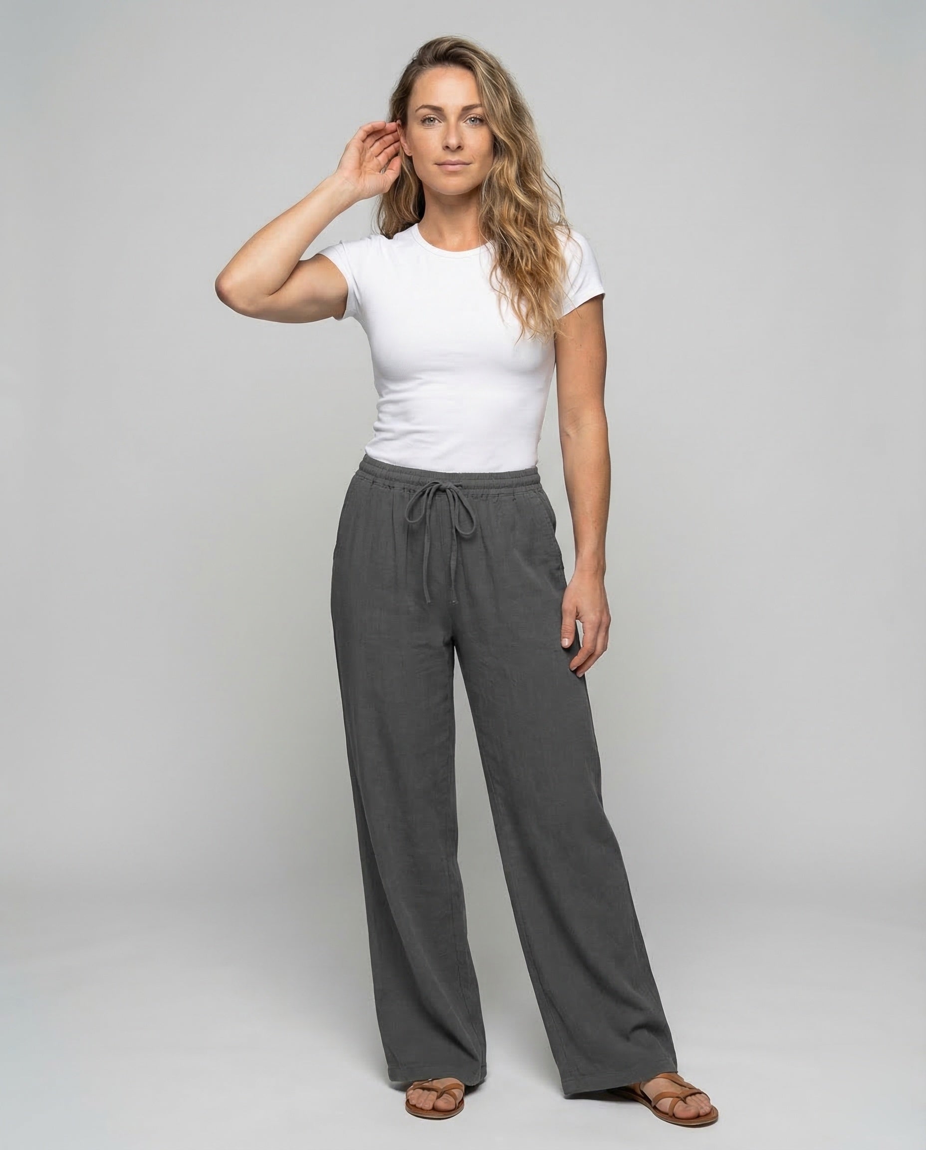 Damen Leinenhose Weitbein Tunnelzugbund Beige - Norvielle