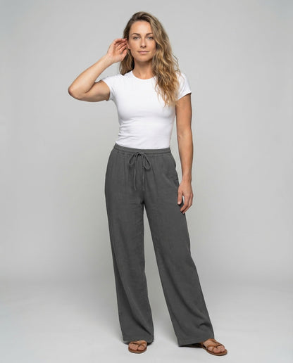 Damen Leinenhose Weitbein Tunnelzugbund Beige - Norvielle