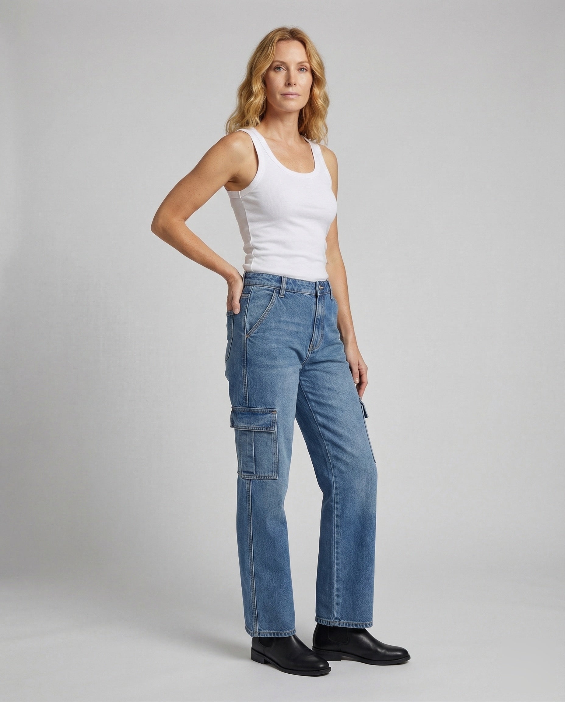 Damen Cargohose Extra Weites Bein Denim - Norvielle