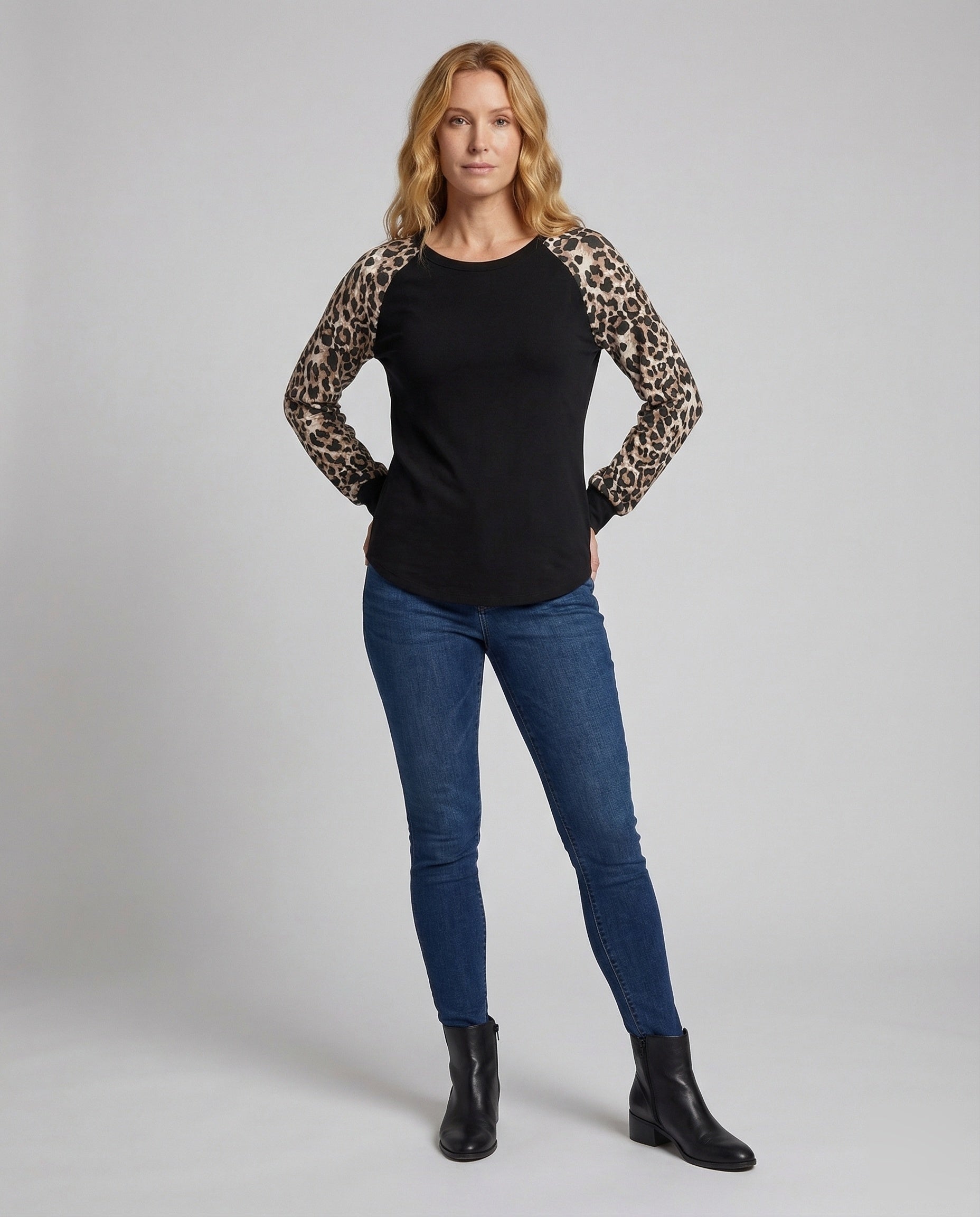 Damen Raglan Sweatshirt Leopardenmuster Ärmel - Norvielle