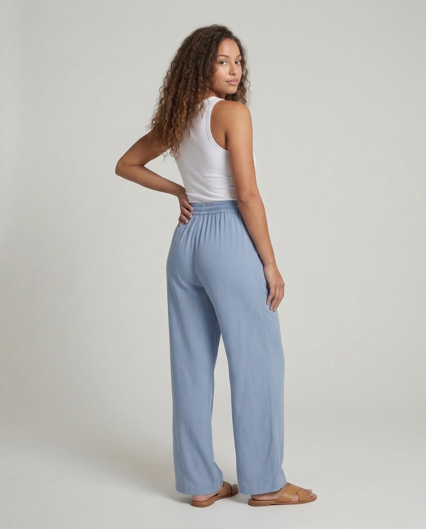 Damen Palazzo Hose Leinenoptik Tunnelzugbund