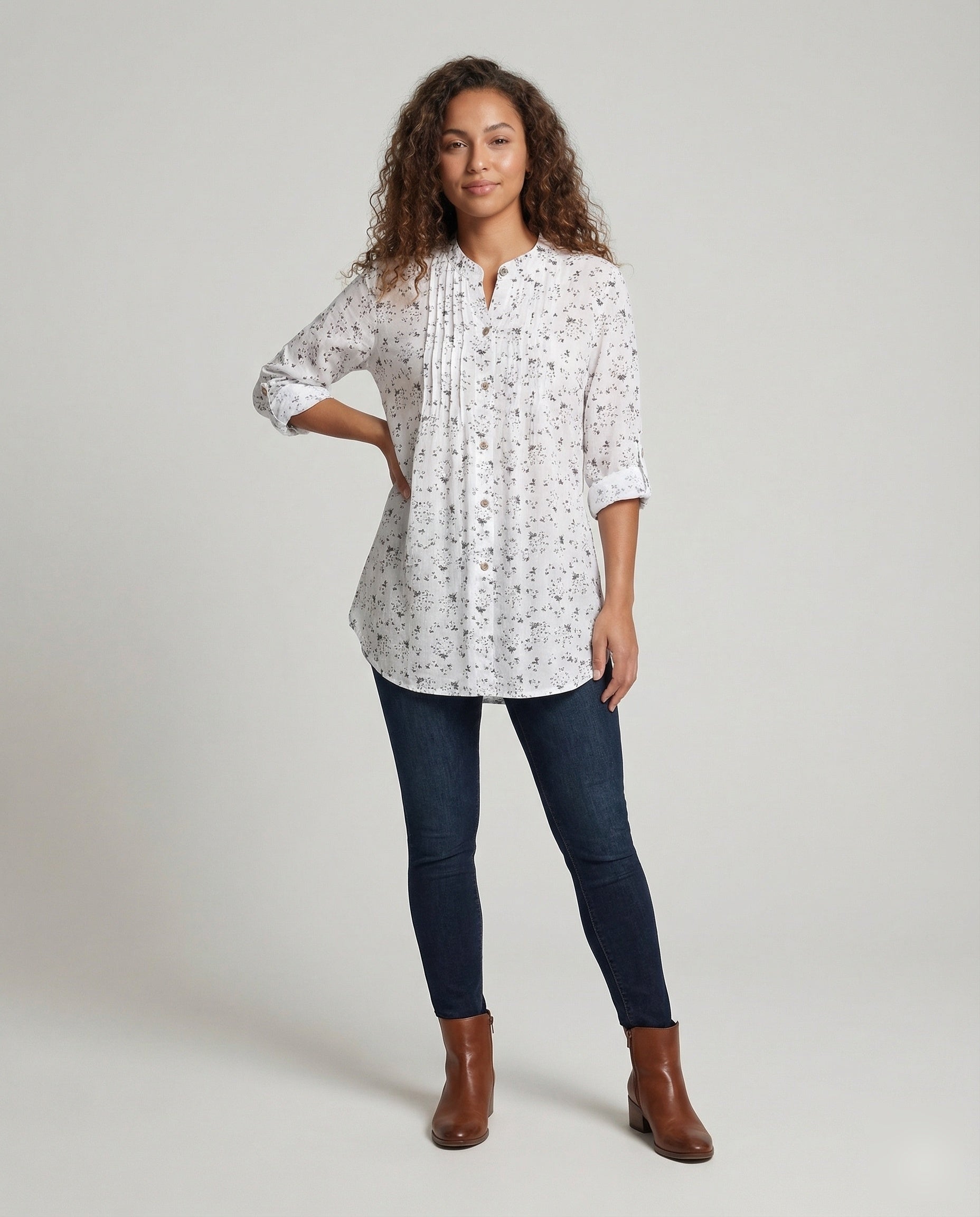 Damen Tunika Bluse Stehkragen mit Brustfalten - Norvielle