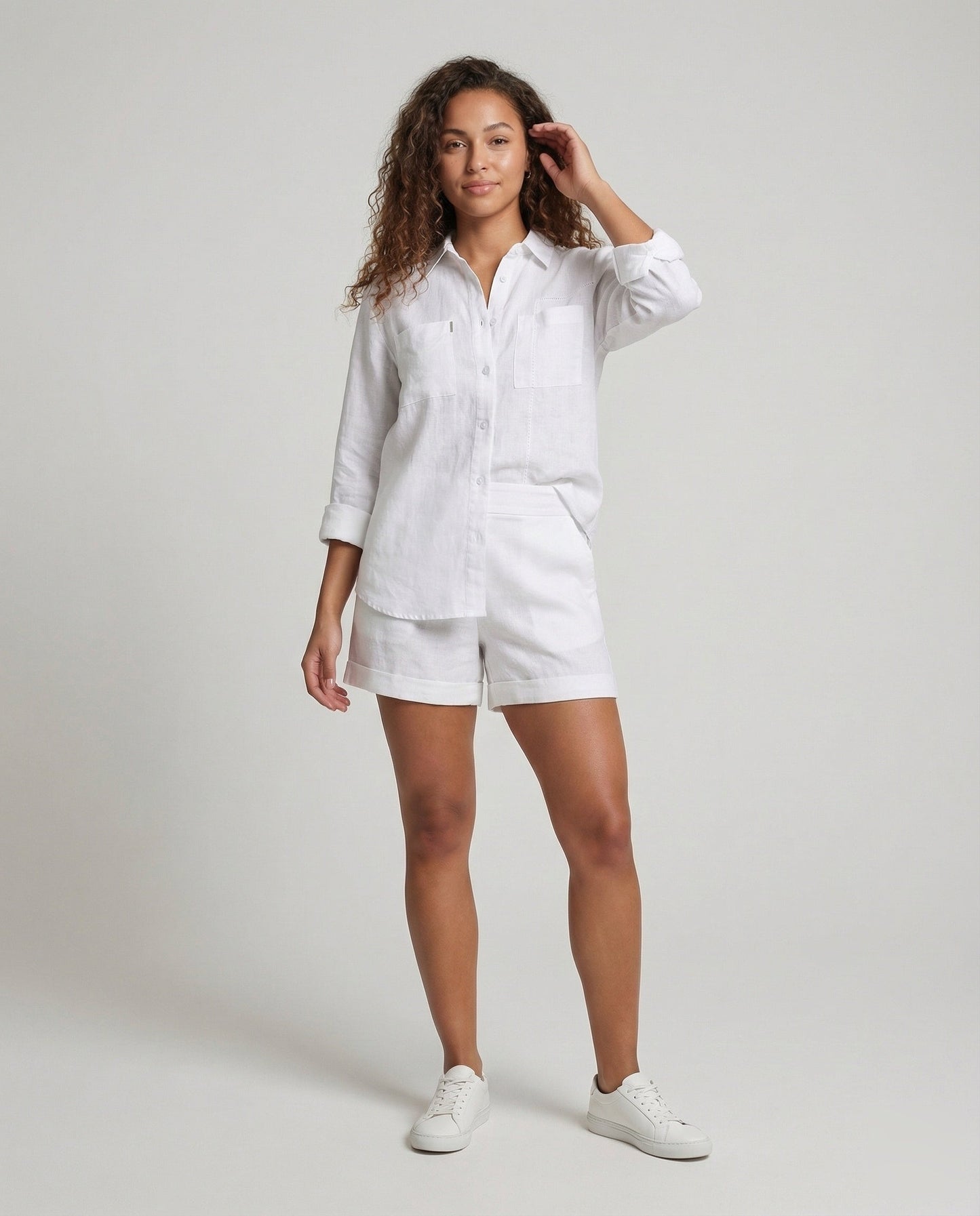 Damen Leinen Shorts Hochgeschnitten Beige - Norvielle