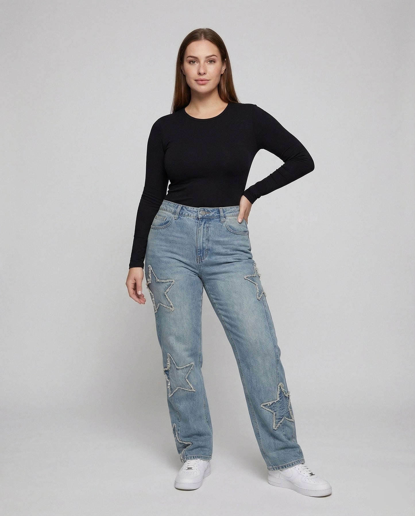 Damen Retro Jeans Gesteppte Stern Applikationen - Norvielle