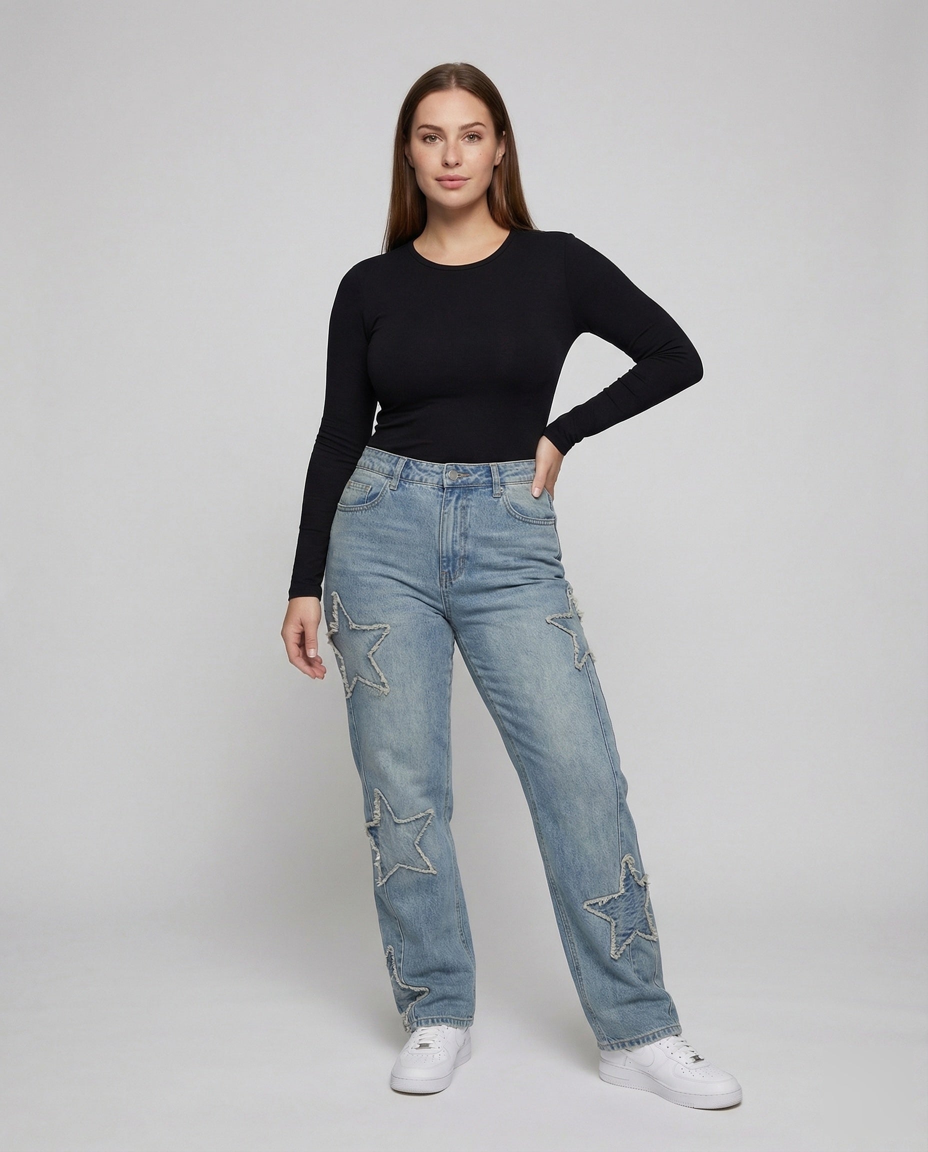 Damen Retro Jeans Gesteppte Stern Applikationen - Norvielle