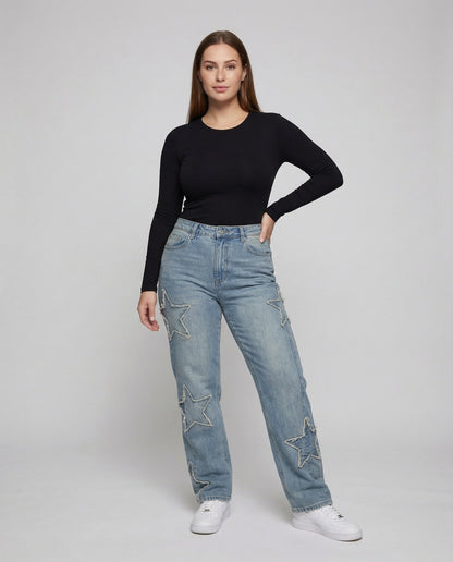 Damen Retro Jeans Gesteppte Stern Applikationen - Norvielle