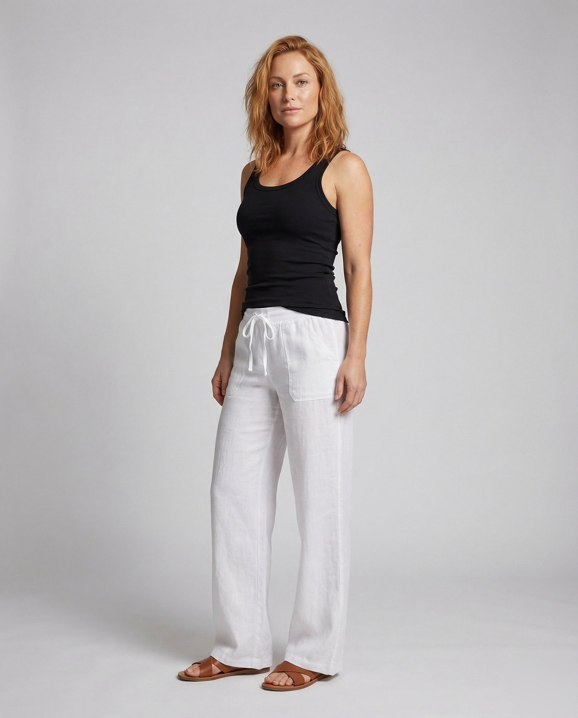 Damen Leinenhose Relax Fit Tunnelzugbund Beige - Norvielle