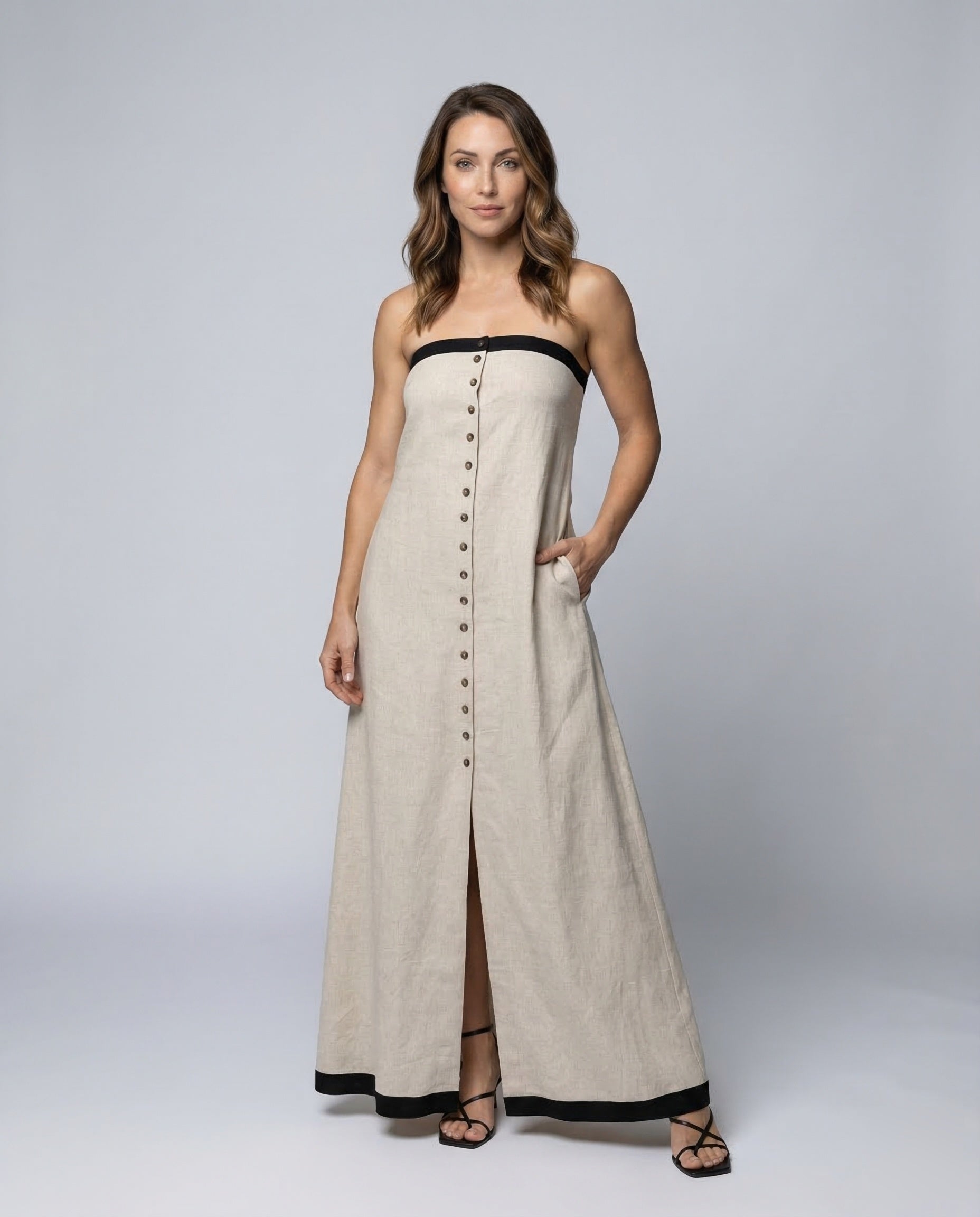 Damen Maxikleid aus Leinen mit Zierknöpfen und Bandeau-Ausschnitt - Norvielle