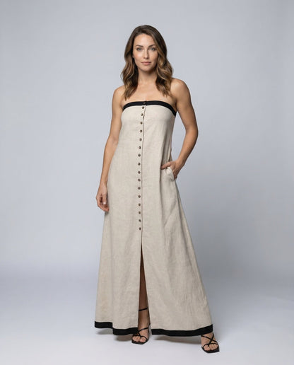Damen Maxikleid aus Leinen mit Zierknöpfen und Bandeau-Ausschnitt - Norvielle