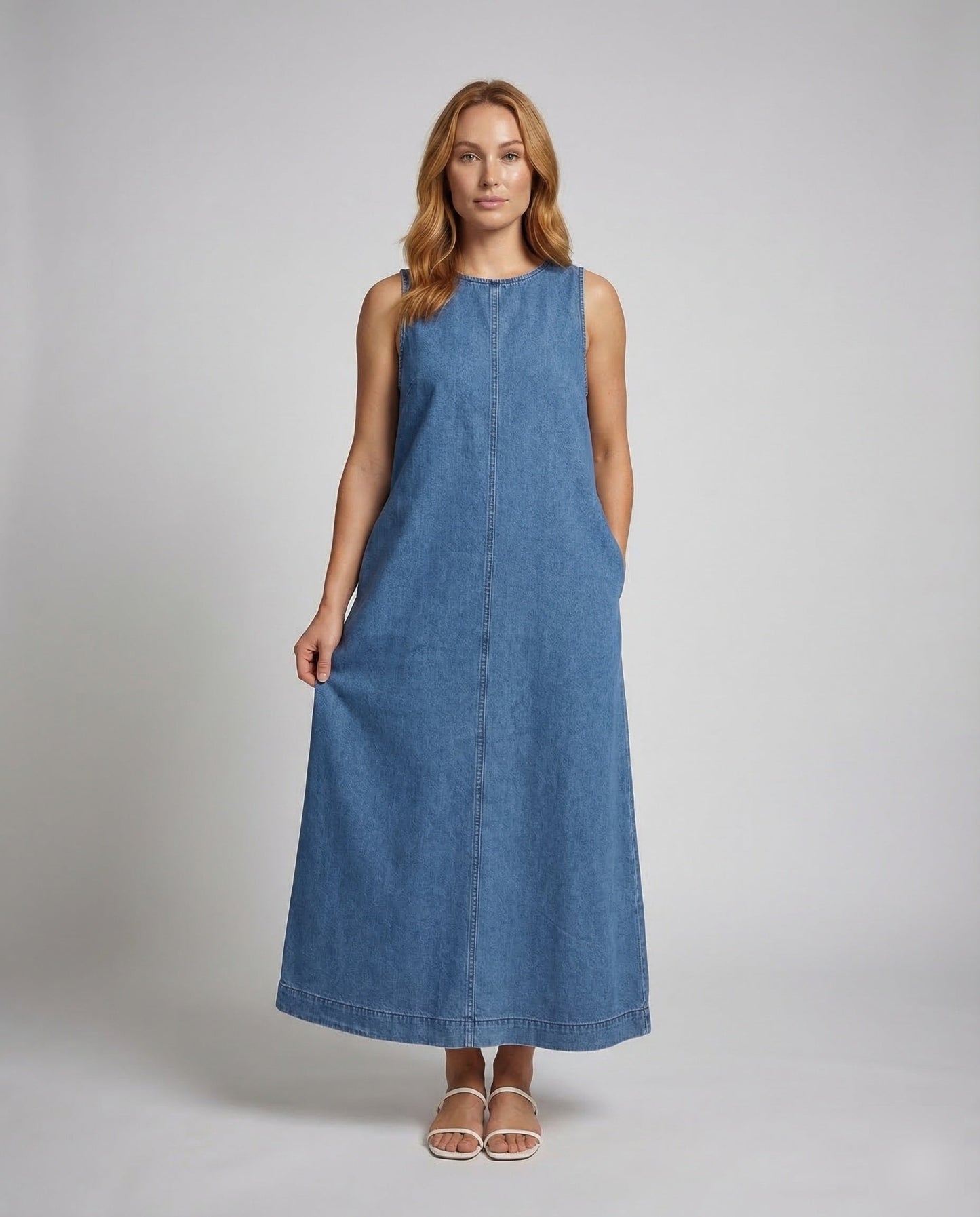 Damen Maxikleid Denim Seitentaschen - Norvielle