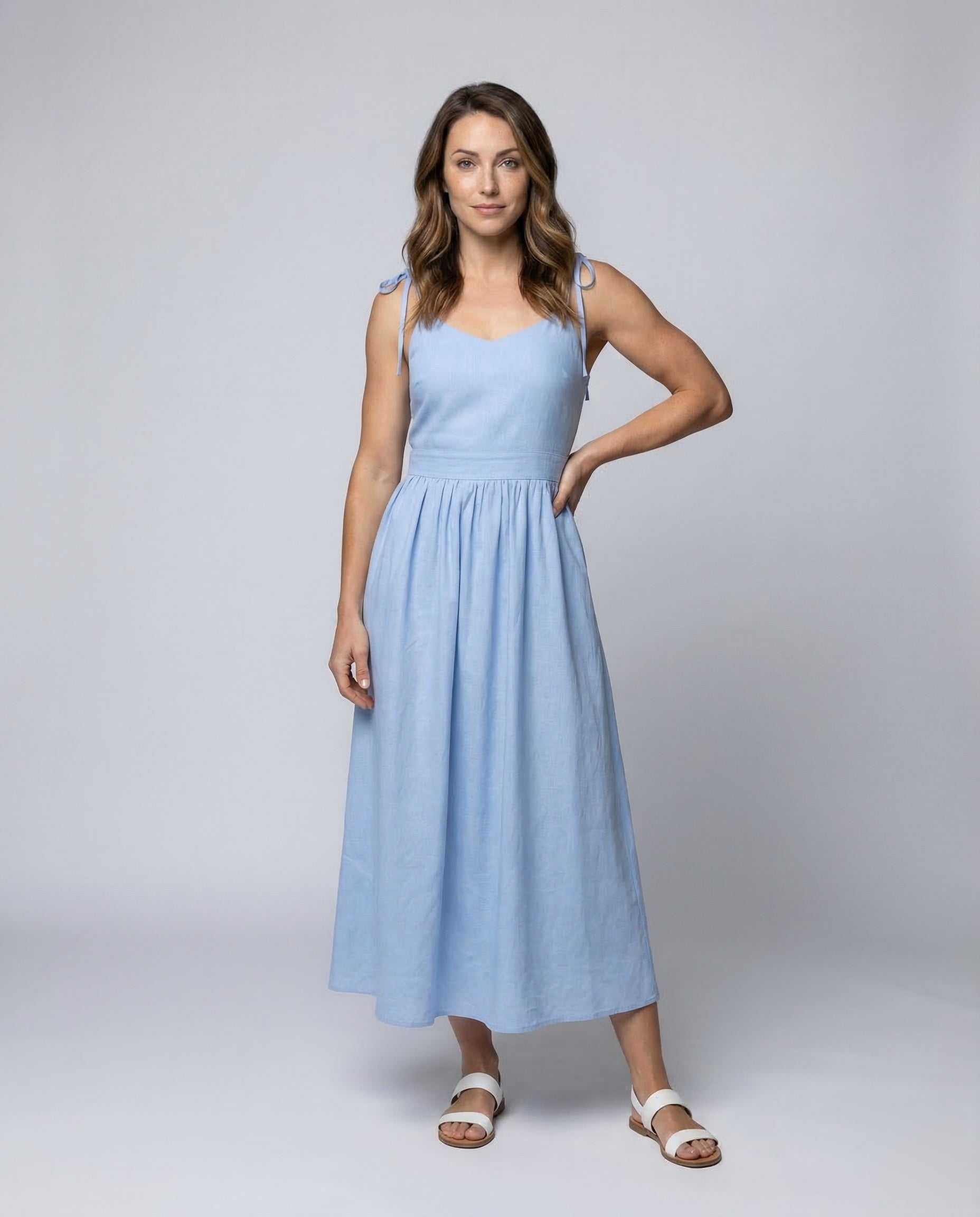 Damen Maxikleid Leinen Gerafft Empire-Taille - Norvielle