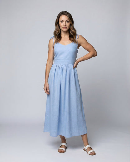 Damen Maxikleid Leinen Gerafft Empire-Taille - Norvielle